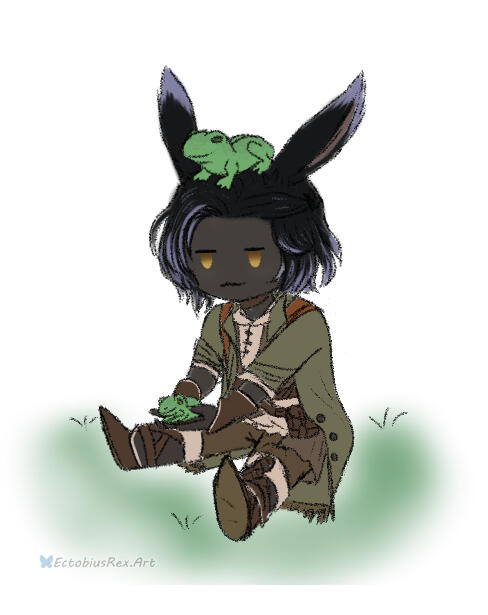 doodle of Erenville sitting on some grass while holding a frog. A second frog is sitting atop his head.